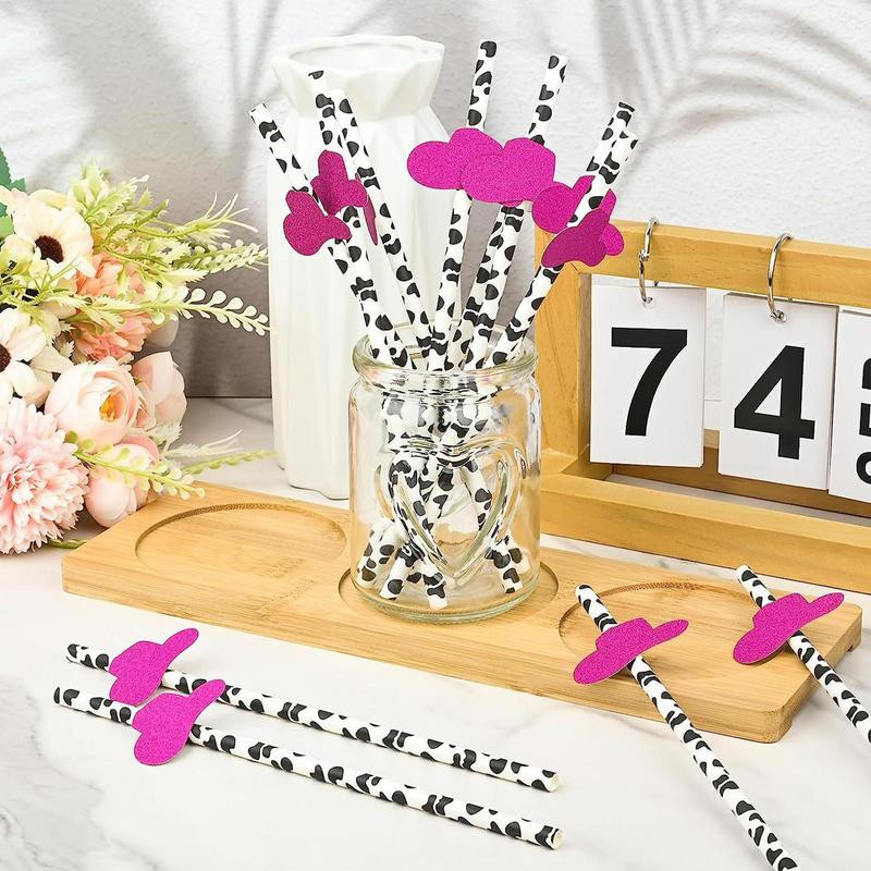 Cowgirl ballīšu dekorācijas salmiņi Govs apdrukāti papīra salmiņi Dekors Elastīgi dzeršanas salmiņi Rozā cepure Disko ballīšu dekori salmiņi