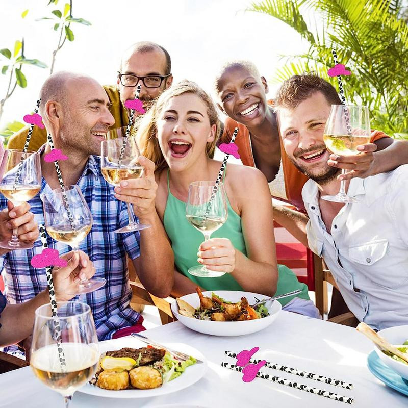 Cowgirl ballīšu dekorācijas salmiņi Govs apdrukāti papīra salmiņi Dekors Elastīgi dzeršanas salmiņi Rozā cepure Disko ballīšu dekori salmiņi