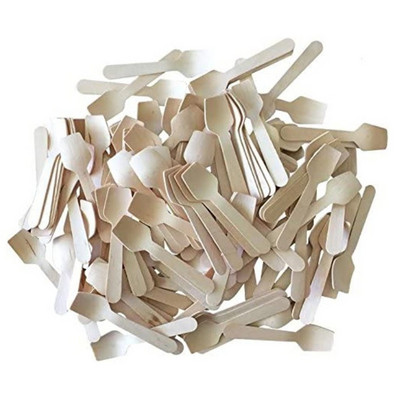 100 gab. Mini koka karotes galda piederumu komplekts Pārstrādājami bioloģiski noārdāmi deserta karotes ballītēm veikala piknikam grilēšanas kāzām