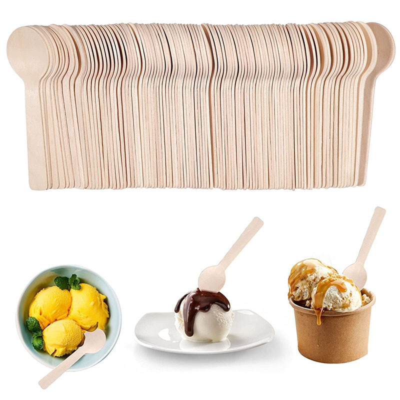 100 gab. Mini koka karotes galda piederumu komplekts Pārstrādājami bioloģiski noārdāmi deserta karotes ballītēm veikala piknikam grilēšanas kāzām