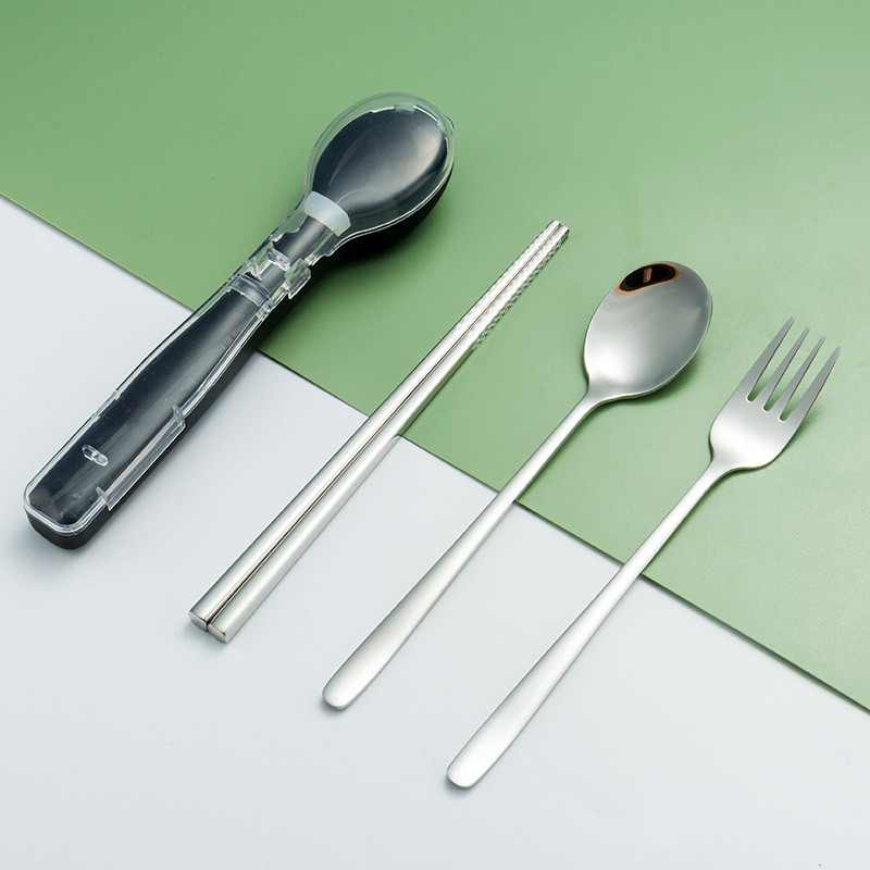 Hordozható, rozsdamentes acél evőeszköz készlet tároló tokkal Tartós villás kanál pálcika otthoni kempingezéshez Eldobható
