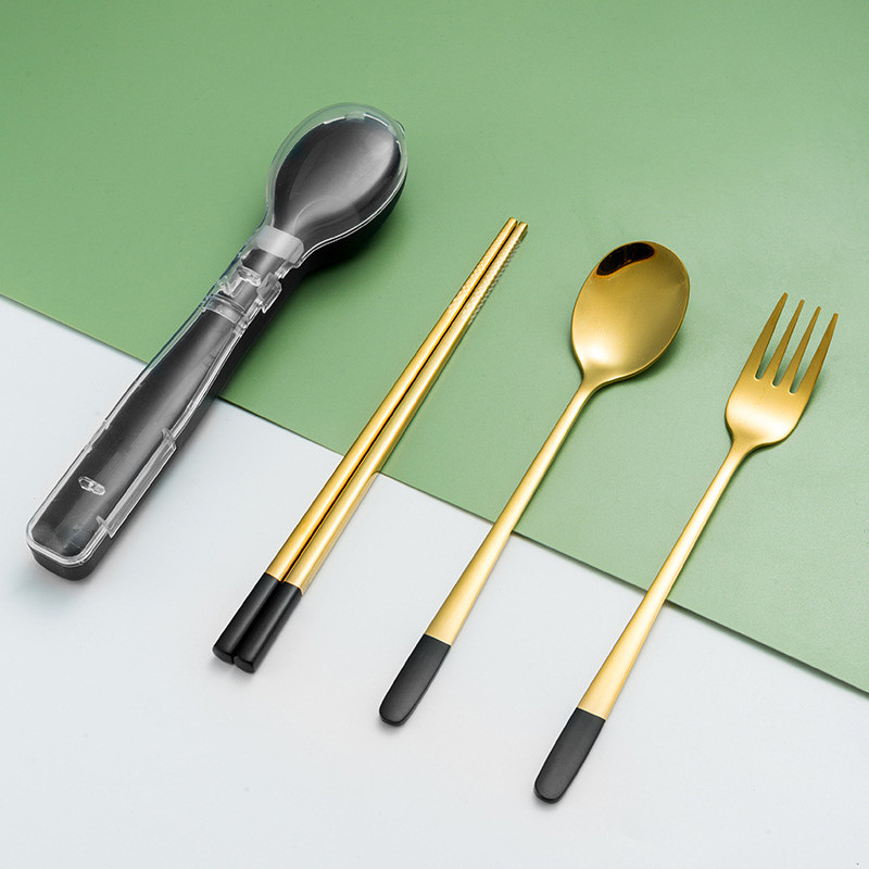 Hordozható, rozsdamentes acél evőeszköz készlet tároló tokkal Tartós villás kanál pálcika otthoni kempingezéshez Eldobható