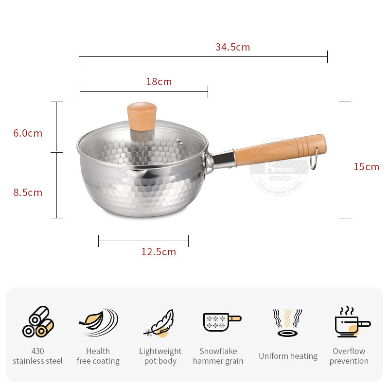 18 cm katls nerūsējošā tērauda kastrolis ar stikla vāku nūdeļu katls Papildu pārtikas katls piena katls ar garu rokturi, indukciju un gāzi