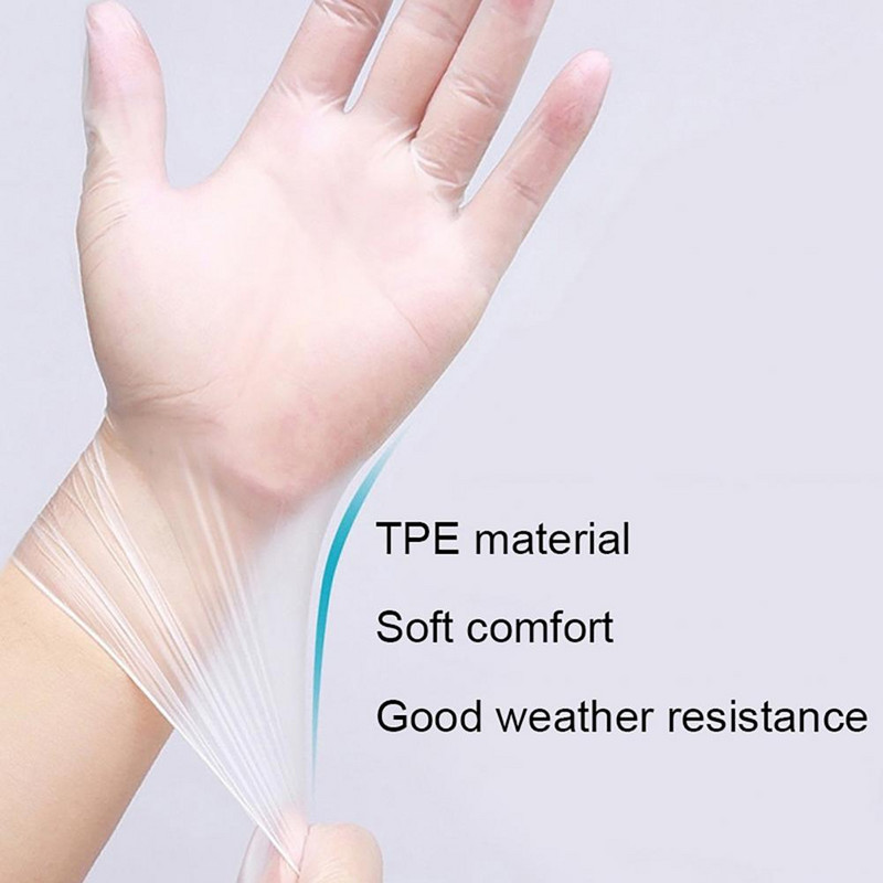 100 gab./maisā Vienreizlietojamie cimdi Caurspīdīgi prettraipu TPE Daudzfunkcionāli vienreizējās lietošanas plastmasas pārtikas sagatavošanas cimdi Virtuves piederumi