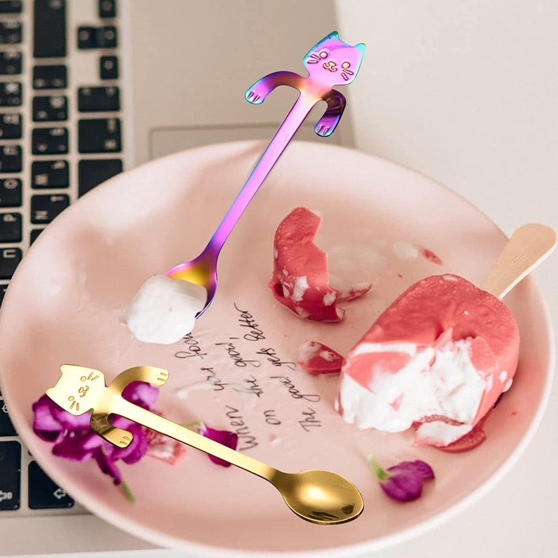 4/1 vnt Mielas katės kavos šaukštelis animacinis filmas nerūdijančio plieno arbatiniai šaukšteliai desertiniai užkandžių kaušeliai ledų šaukštai stalo reikmenys virtuvės įrankiai