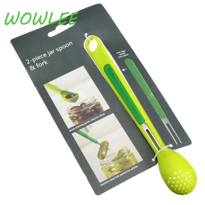 2 viename sieteliai Valgomojo indai kiaurasamtis šaukštas filtras ilga rankena konservuotų vaisių sulčių filtravimo šaukštas nerūdijančio plieno vaisių šakutė