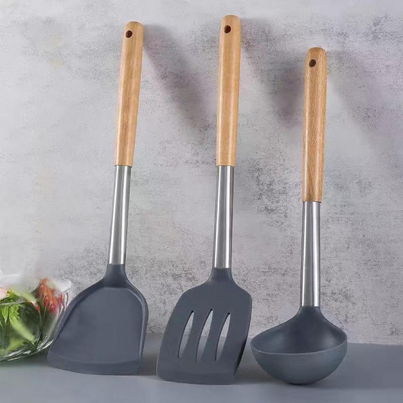 Főzőlapát Élelmiszer-minőségű, tapadásmentes, fa nyelű szilikagél forgatólapátlapátos konyhai edények otthonra