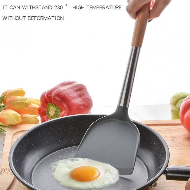 Főzőlapát Élelmiszer-minőségű, tapadásmentes, fa nyelű szilikagél forgatólapátlapátos konyhai edények otthonra