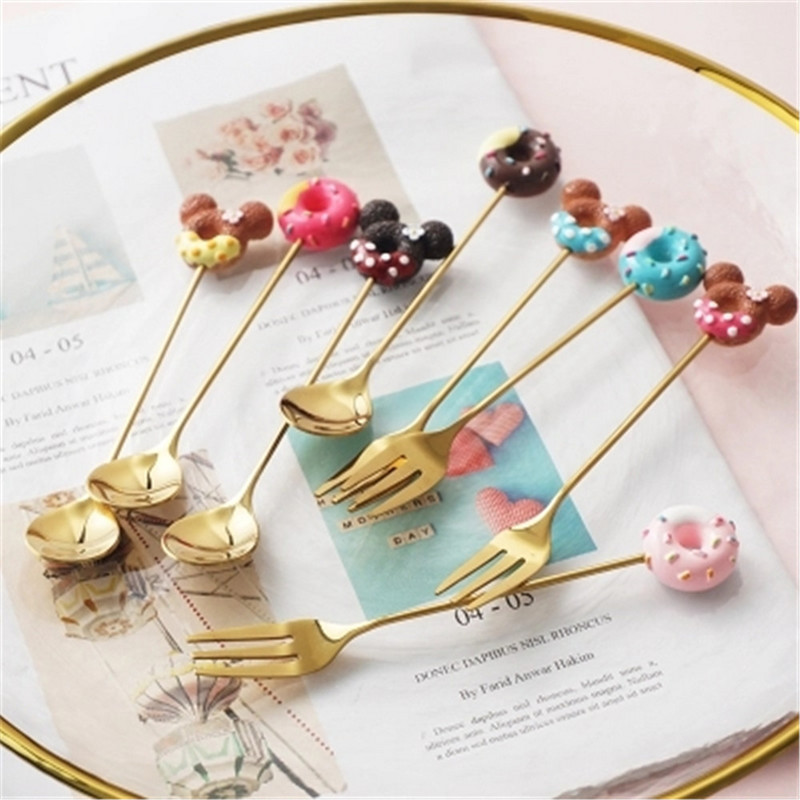 Zelta karotes dakšiņa 304 nerūsējošā tērauda karikatūras tējkarote kafija deserts tēja saldējums karotes dakšiņas maisot jauka karikatūra tējkarote