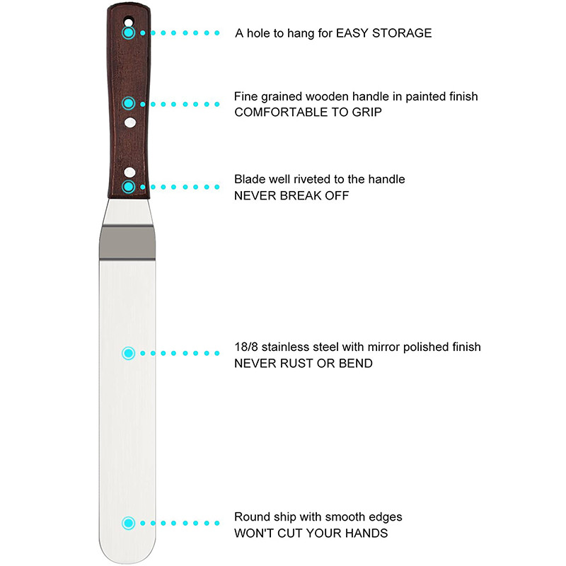Koogiglasuuri spaatlid, roostevabast terasest nurga all olevad puidust käepidemega koogiglasuurilabidad, augukujundus, tordikaunistuse küpsetusvahendid