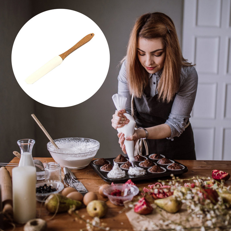 1PC skrāpis, izturīgs koka rokturis, trauks, lāpstiņa krējuma sviests, noņemams silikons, pilnīgi jauns