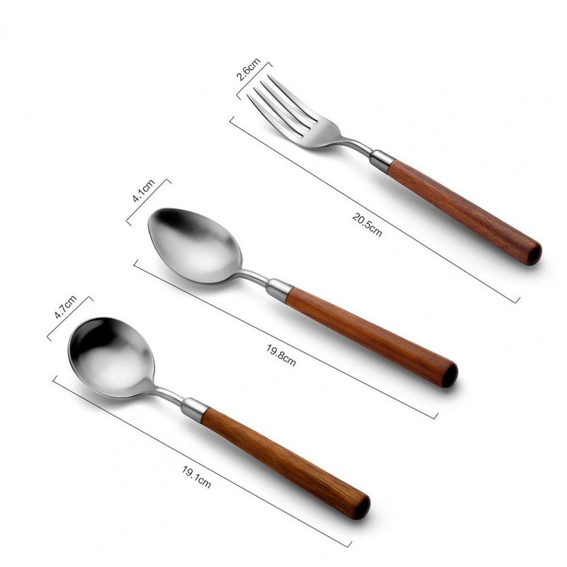 Karote Dakša Galda piederumi Pārtikas kvalitātes koka rokturi Karotes dakša Gludas virsmas nerūsējošā tērauda galda piederumi ikdienas lietošanai