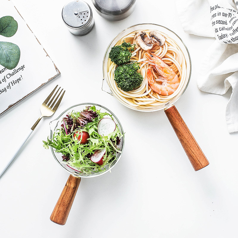 400 ml/600 ml stikla katls ar koka rokturi Karsēšana piena zupas putras katls Mājsaimniecības atvērta uguns Virtuves trauki Māla katls