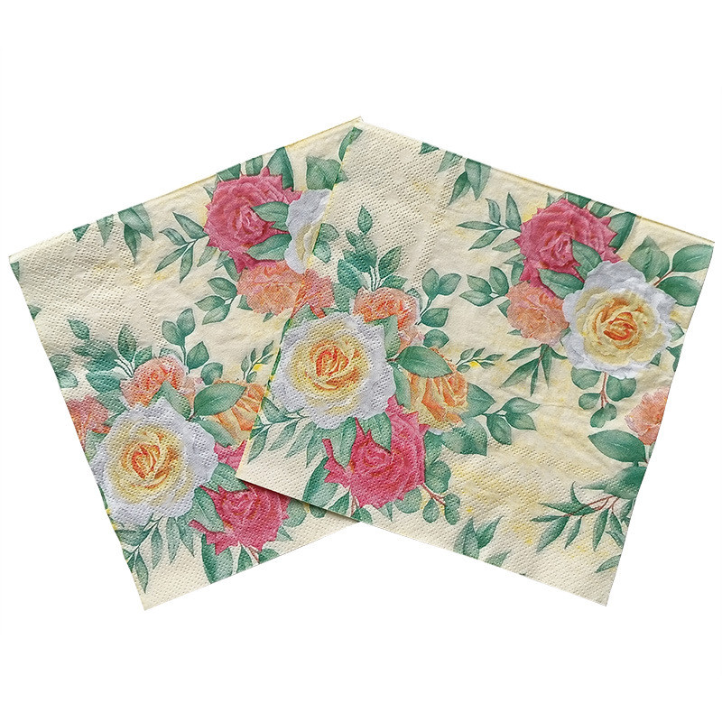 20 db/csomag Színes rózsák Elegáns virágasztal Decoupage papírszalvéták Vintage virágos szalvéta papírzsebkendők nagykereskedelme