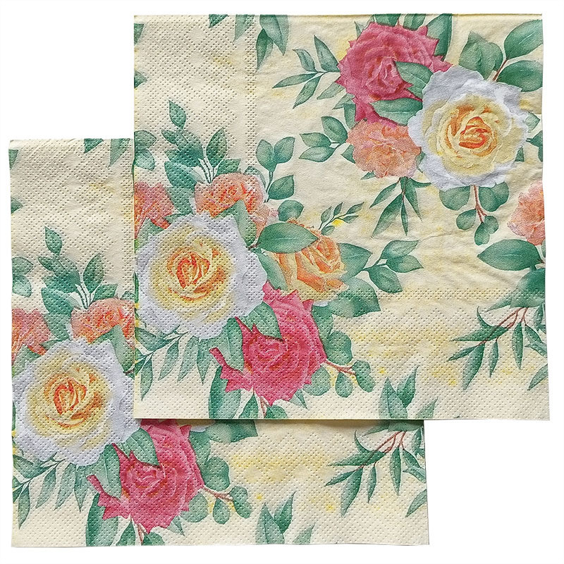 20 db/csomag Színes rózsák Elegáns virágasztal Decoupage papírszalvéták Vintage virágos szalvéta papírzsebkendők nagykereskedelme