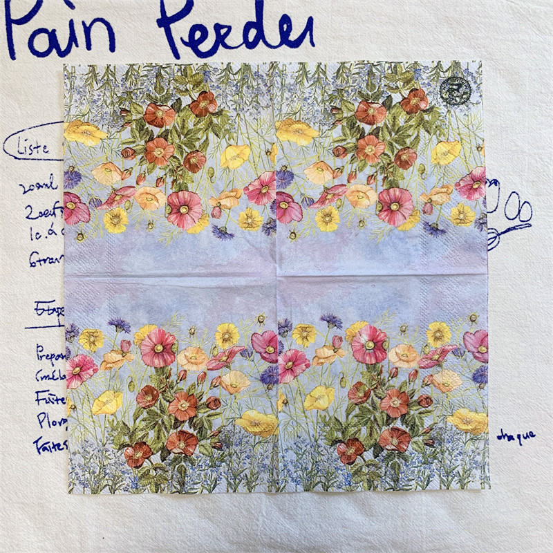 20db/táska Vintage vadvirág dekupázs papírszalvéták piros sárga virágos papírzsebkendők ünnepi étkészletekhez karácsonyi kellékek 25x25cm