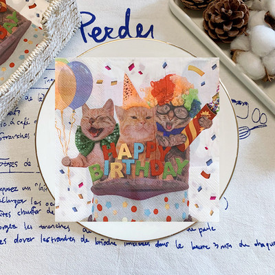 20Gb/Pack Cute Cat Happy Birthday Dekupāžas papīra salvetes Jauki multfilmu salvešu papīra salvetes bērniem dzimšanas dienas svinību piederumi