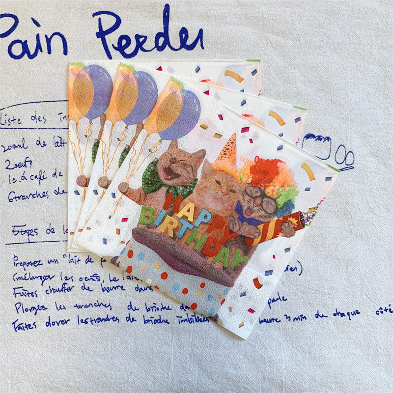 20Gb/Pack Cute Cat Happy Birthday Dekupāžas papīra salvetes Jauki multfilmu salvešu papīra salvetes bērniem dzimšanas dienas svinību piederumi