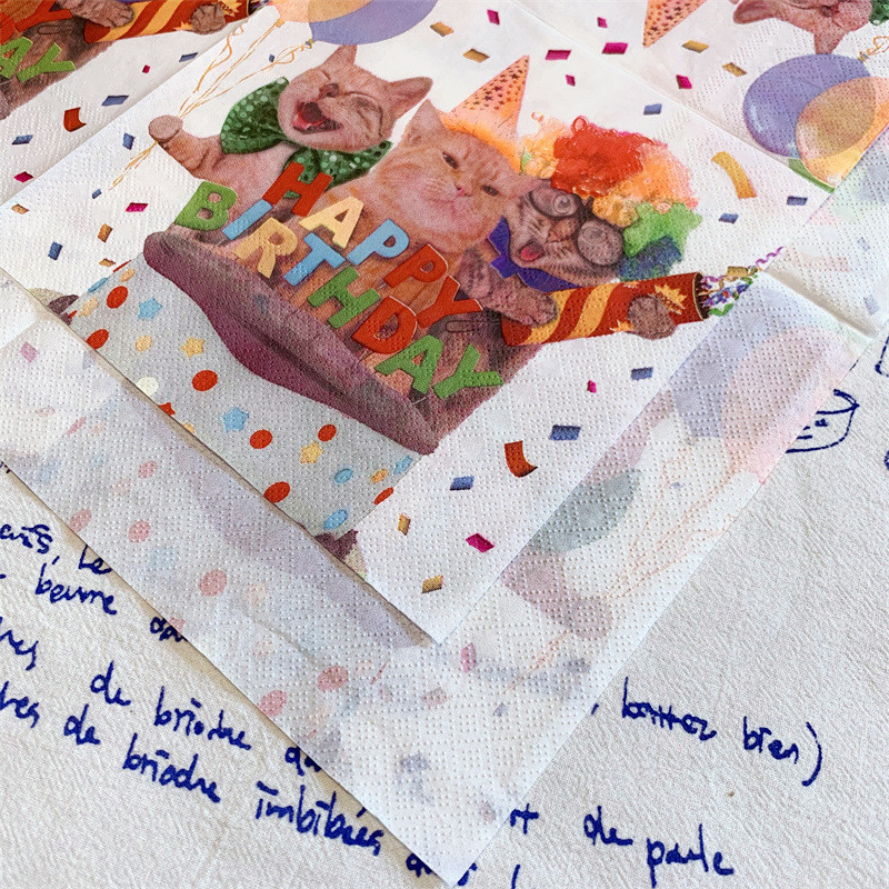 20Gb/Pack Cute Cat Happy Birthday Dekupāžas papīra salvetes Jauki multfilmu salvešu papīra salvetes bērniem dzimšanas dienas svinību piederumi