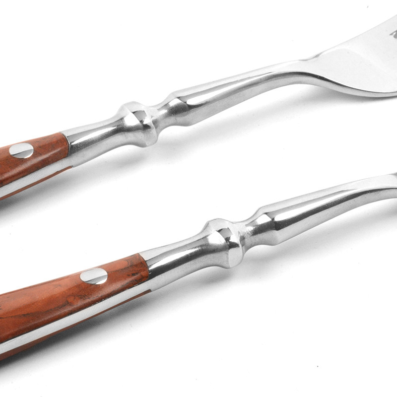 Stalo reikmenys medinė rankena, kepsnių peiliai retro stiliaus stalo įrankiai nerūdijančio plieno stalo reikmenys salotų šakutė apima šakutes Šaukštai peiliai