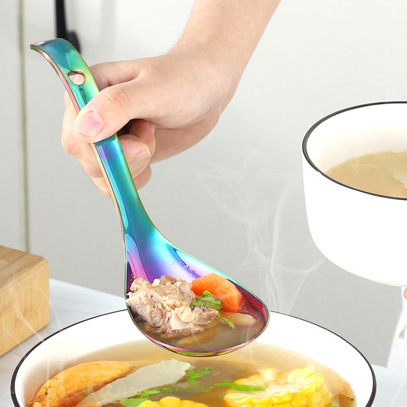 304 Nerūsējošā tērauda zupas karote Daudzkrāsaina biezināta rīsu karote, garš kāts ar caurumiem Lieli virtuves galda piederumi