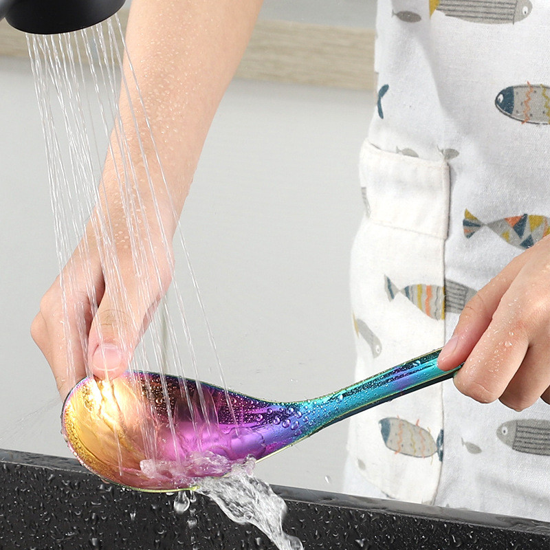 304 Nerūsējošā tērauda zupas karote Daudzkrāsaina biezināta rīsu karote, garš kāts ar caurumiem Lieli virtuves galda piederumi