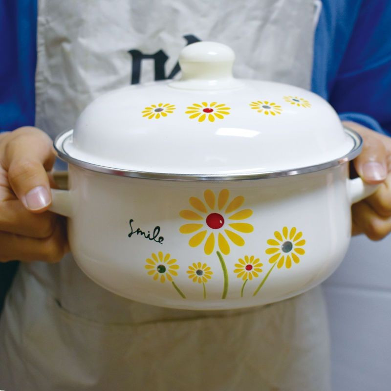 Katliņa emalja Double Ear Milk Japāņu katliņu zupa Katliņš Cute Pot Bottom Maza zupa Mājsaimniecības emalja Nūdeles sabiezināts katliņš