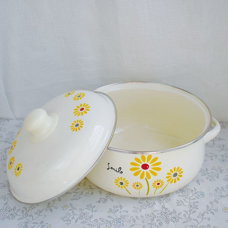 Katliņa emalja Double Ear Milk Japāņu katliņu zupa Katliņš Cute Pot Bottom Maza zupa Mājsaimniecības emalja Nūdeles sabiezināts katliņš