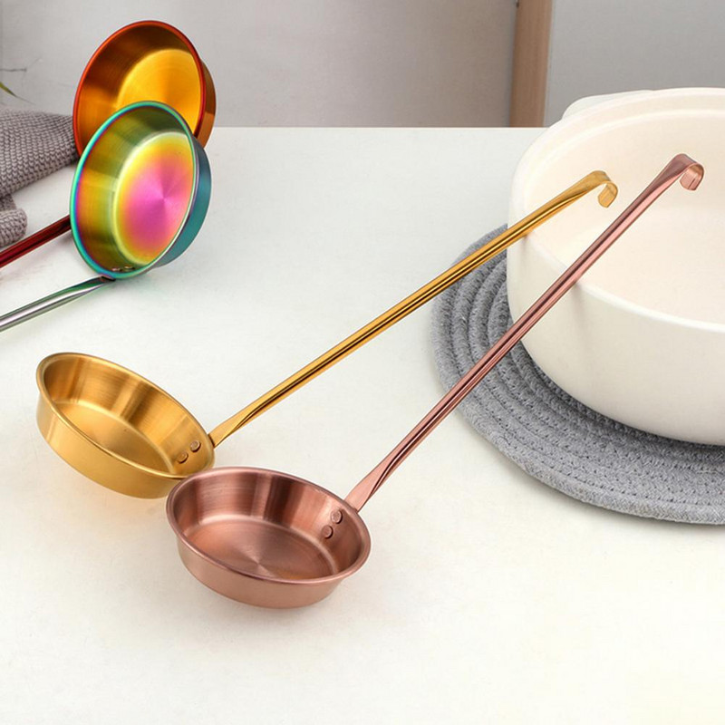 Nerūsējošā tērauda karote pārtikas gatavošanas kauss ar garu rokturi Pretpiedeguma iedomātā, nepiedegošā nerūsējošā tērauda zupas kauss