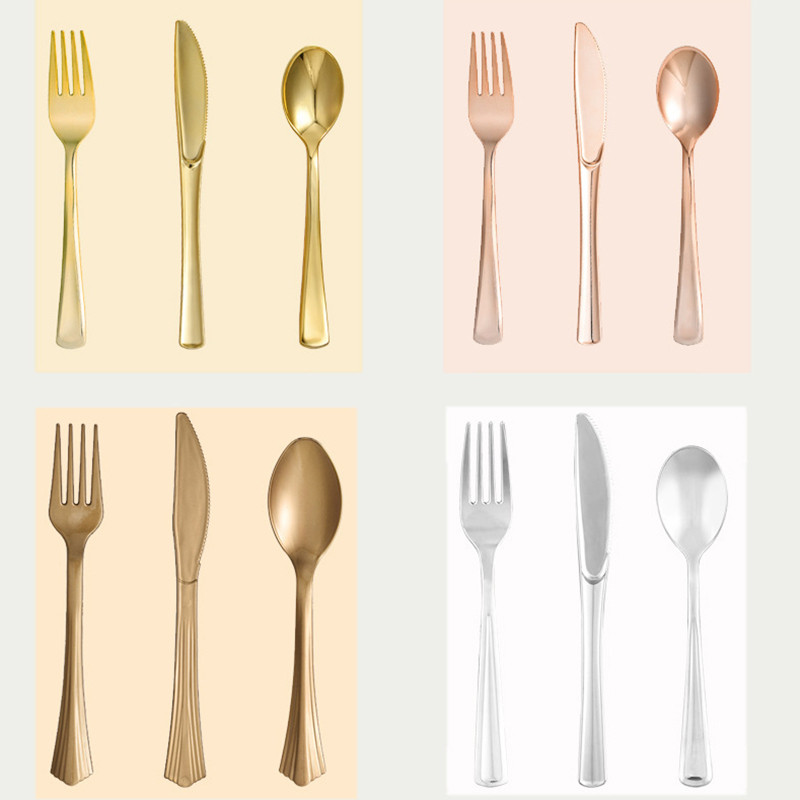 10 tk galvaniseeritud kullast plastist noaga kahvli lusikas sünnipäevapeo ühekordseks kasutamiseks mõeldud noaga kahvli lusikas