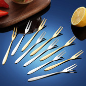 Nerūdijančio plieno dvidantės vaisių šakutės Creative Golden Cake Desertas Vakarų maži indai buities virtuvės priedai