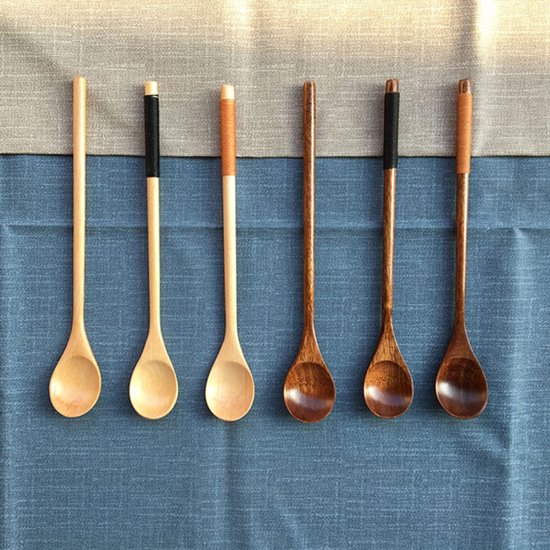 5gab japāņu stila gara roktura koka karote, tējas deserta karotes ēšanai, maisīšana, gatavošana, virtuves piederumi virtuves piederumi