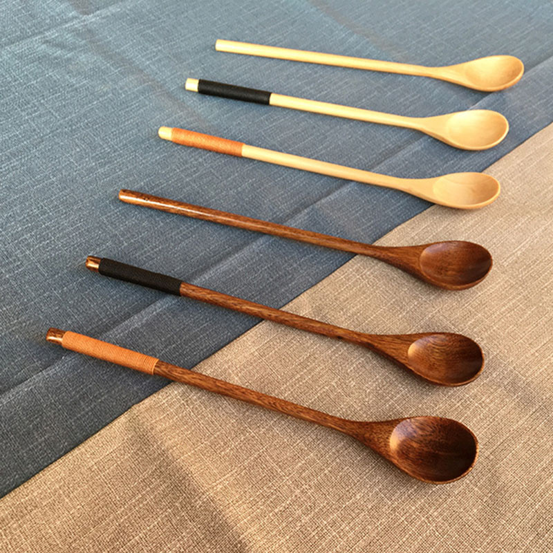 5gab japāņu stila gara roktura koka karote, tējas deserta karotes ēšanai, maisīšana, gatavošana, virtuves piederumi virtuves piederumi