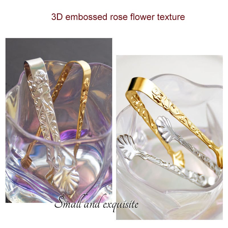 2 gab. Nerūsējošā tērauda knaibles 9 cm/3,5 collu mini pasniegšanas knaibles ar sudrabaini un zeltaini iespiestu rožu ziedu, kas paredzēts ledus cukura virtuvei