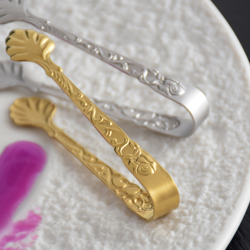 2 gab. Nerūsējošā tērauda knaibles 9 cm/3,5 collu mini pasniegšanas knaibles ar sudrabaini un zeltaini iespiestu rožu ziedu, kas paredzēts ledus cukura virtuvei