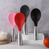 Silikona rīsu karote nerūsējošā tērauda rokturis, nepiedegošs daudzfunkcionāls stāvošs lāpsta telpiskais pārtikas serveris virtuves ēdnīcas sīkrīki