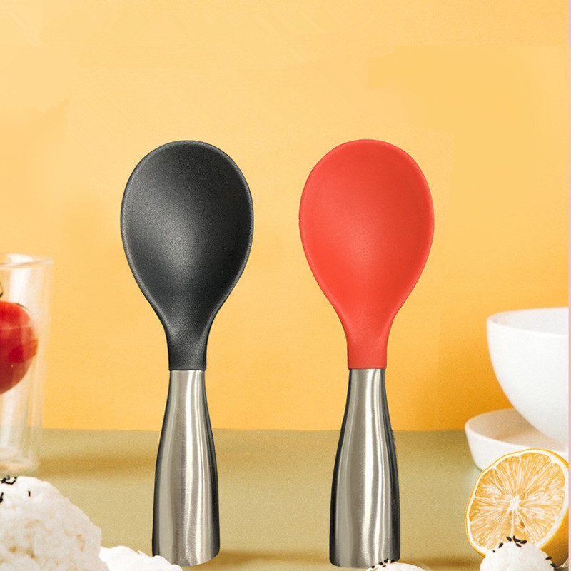 Silikona rīsu karote nerūsējošā tērauda rokturis, nepiedegošs daudzfunkcionāls stāvošs lāpsta telpiskais pārtikas serveris virtuves ēdnīcas sīkrīki