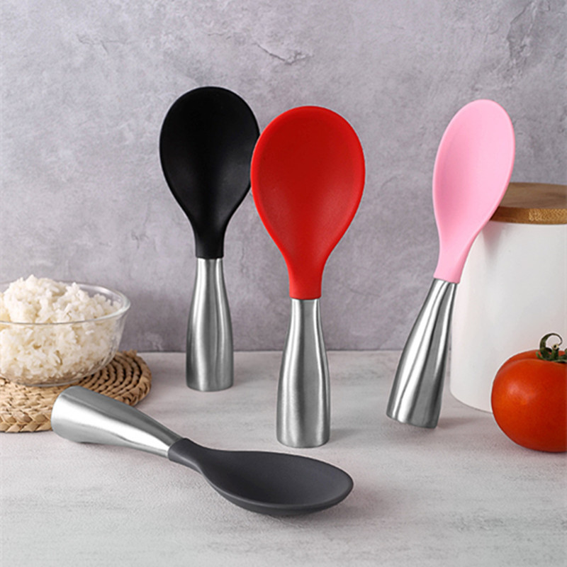 Silikona rīsu karote nerūsējošā tērauda rokturis, nepiedegošs daudzfunkcionāls stāvošs lāpsta telpiskais pārtikas serveris virtuves ēdnīcas sīkrīki