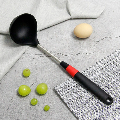 Linguriță antiaderență din silicon de 33 cm cu miez din oțel inoxidabil Oală de supă rezistentă la căldură Lingură cu mâner lung Instrument de gătit pentru bucătărie