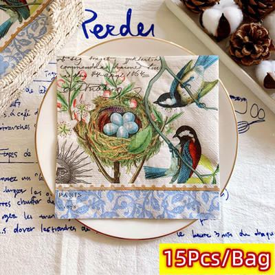 15 τεμ/τσάντα Vintage Magpie Nest Decoupage Χαρτοπετσέτες Πουλιά Χάρτινα χαρτομάντηλα για πάρτι Επιτραπέζια σερβίτσια Γάμου Χριστουγεννιάτικες προμήθειες 1