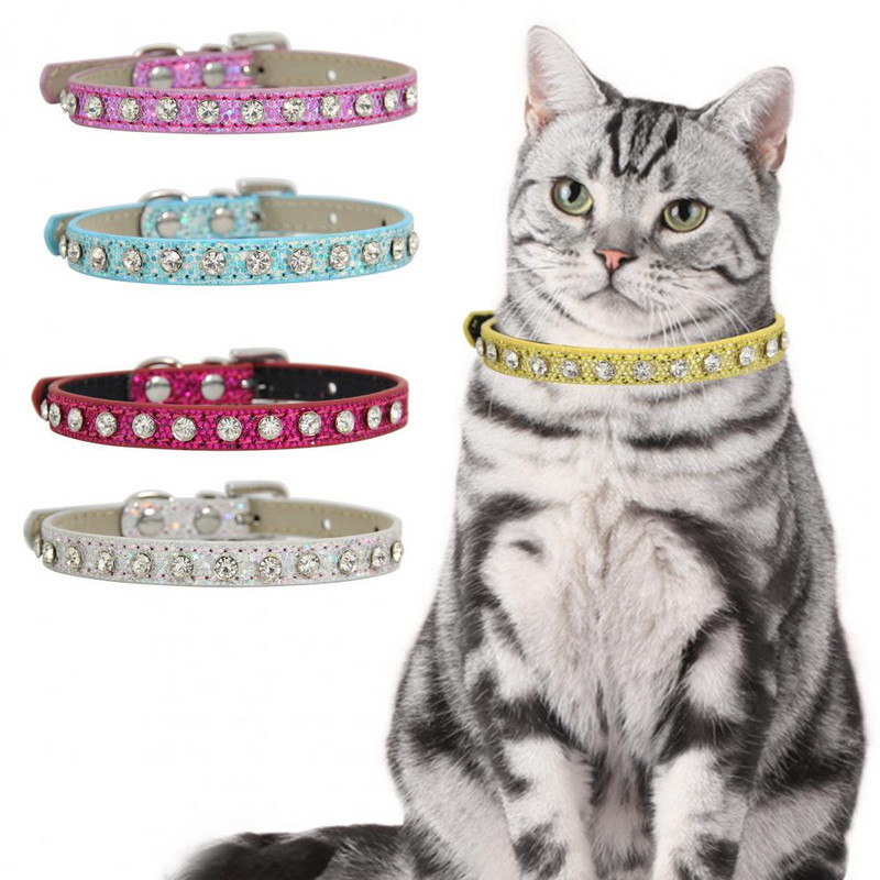 Nodilumizturīga mājdzīvnieku kaklasiksna Regulējama suņu kaklarota atstarojoša suņa kaķa rhinestones kakla siksna mājdzīvnieku apmācības pavada mājdzīvnieku piederumi