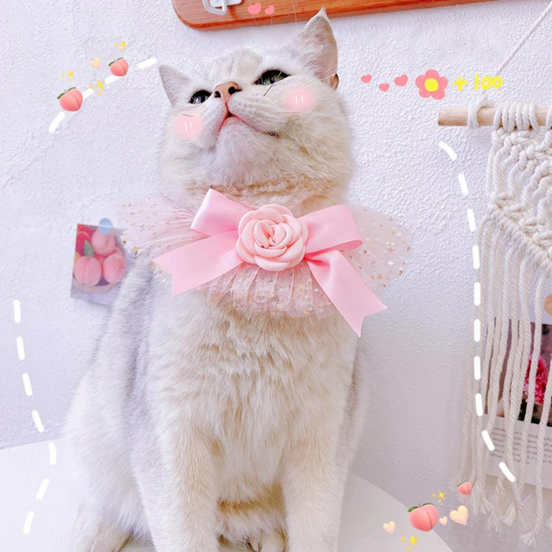 Regulējama mājdzīvnieka apkakle ar divkāršu mežģīņu sieta suņu kaklasiksnu, kamēlijas ziedu kaķa kakla aplis ar rotājumu dekoru maziem mājdzīvniekiem