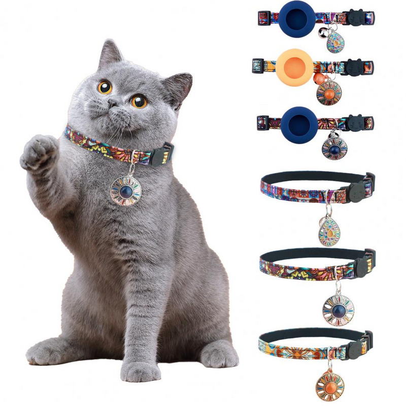 Kaķa apkakles regulējama ātri nolaižama izsmalcināta drukas mājdzīvnieka kakla siksna Ērts drošības joslas izsekotāja aizsargmaciņš priekš AirTag