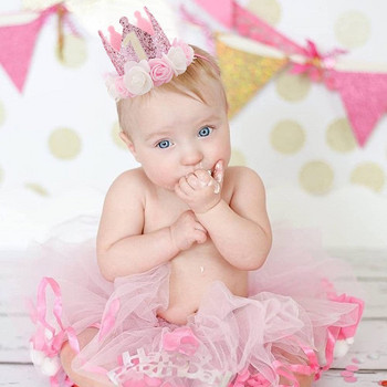 Розова, бяла роза, 1-годишна шапка с корона, щастлива принцеса, декор за парти за рожден ден, бебе, момиче, 1-ва шапка, реквизит за снимки за рожден ден на една година, шапка