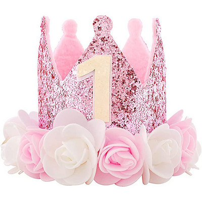 Roosa valge roos 1-aastane kroonmüts Head printsessi sünnipäevapeo kujundust Laps Beebi Tüdruk 1. Sünnipäeva müts Üheaastase sünnipäeva foto Rekvisiidid