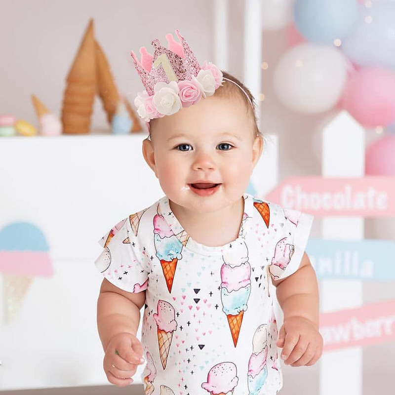 Розова, бяла роза, 1-годишна шапка с корона, щастлива принцеса, декор за парти за рожден ден, бебе, момиче, 1-ва шапка, реквизит за снимки за рожден ден на една година, шапка