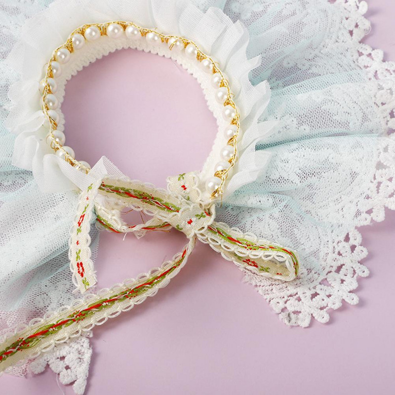 Elpojoša kaķa apkakle Mākslīgās pērļu dekors Kaķu šalle Dekoratīvs ādai draudzīgs kaķēnu festivāls Dekoratīvs mežģīņu apkakles mājdzīvnieku produkts