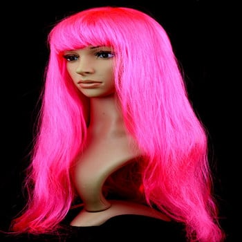Дамска дамска карнавална дълга права перука за парти за косплей момиче, рожден ден, розова 60 см комична и анимационна коса с наклонен взрив