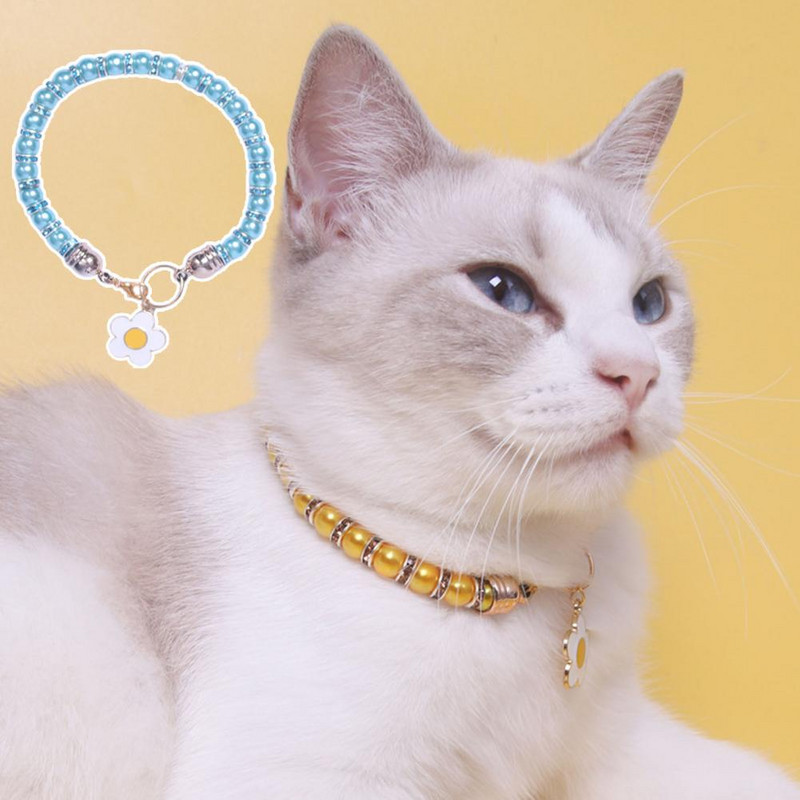 Pievilcīga mājdzīvnieku kaklasiksna Izsmalcināta viltota pērle mājdzīvnieka kakla aplis saulespuķu dekoratīvā mājdzīvnieka kaklasiksna kaķim suņiem kaklarota rotaslietas mājdzīvnieku piederumi