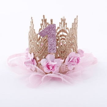 1st Birthday Crown Hat Flower Princess Crown лента за глава One Year Baby Girl Happy Birthday Party Шапки Child Baby Shower Decoartion